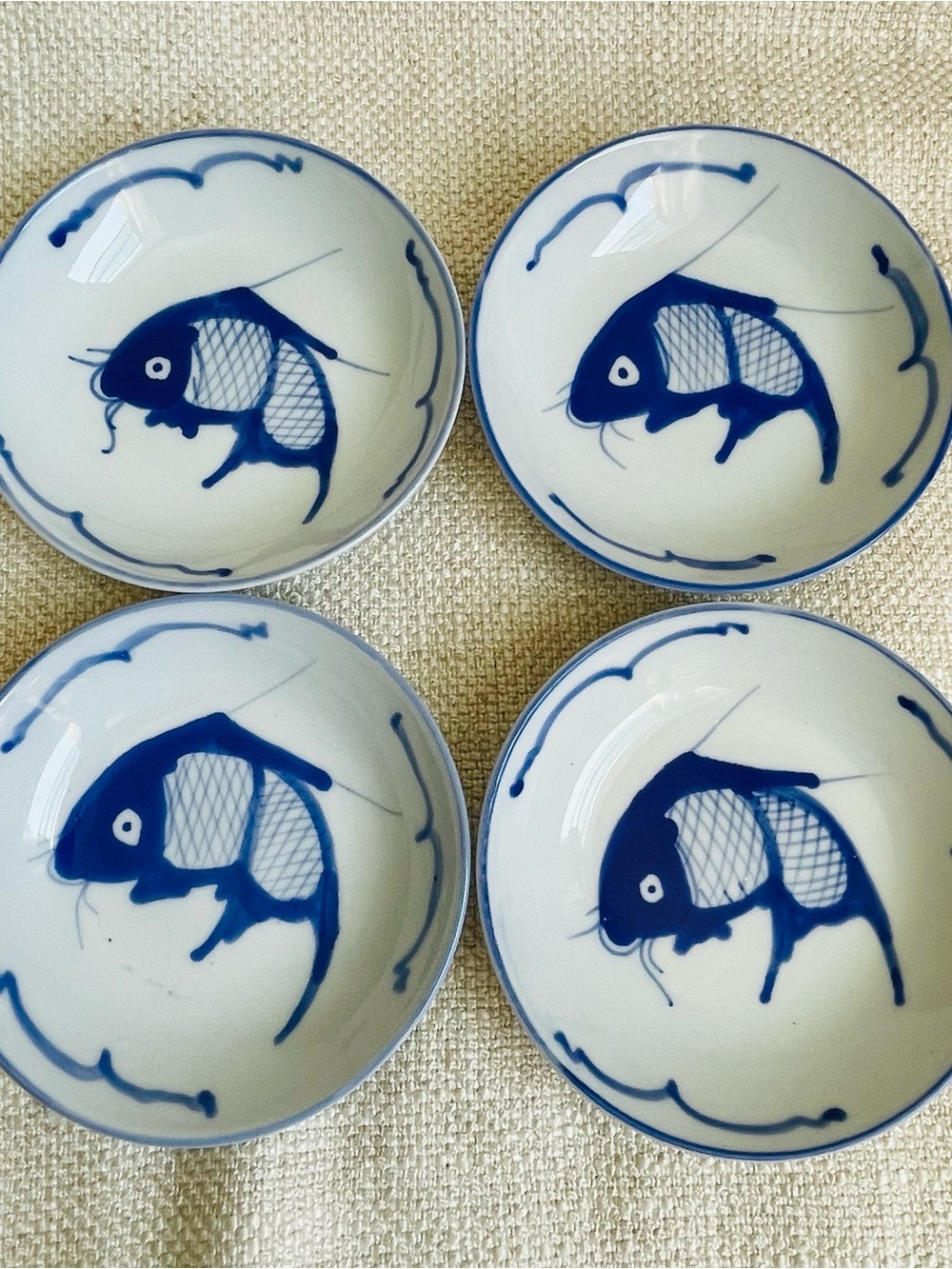 Vintage Blue Fish Ceramic Sauce Dipping Bowls - Set of 4